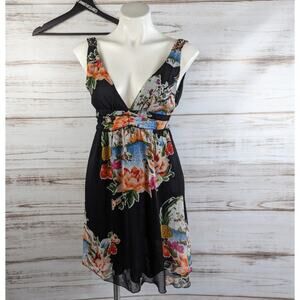 Forever 21 Japanese Garden Print Flower V Neck Mini Dress Sz Small